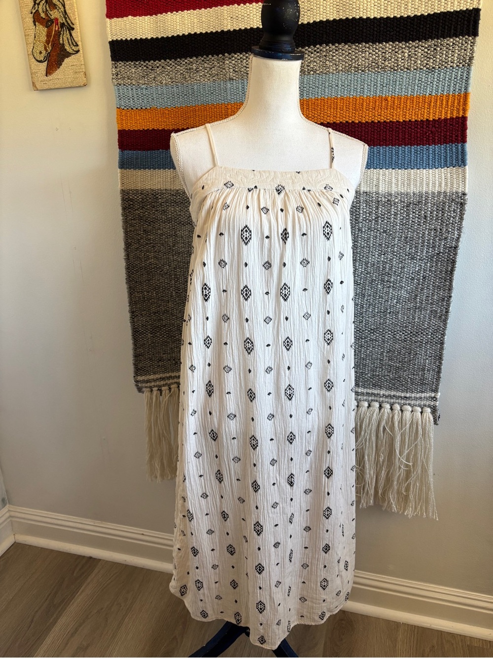 H&M Cream Cotton Midi Western Boho Dress with Black Geo Print